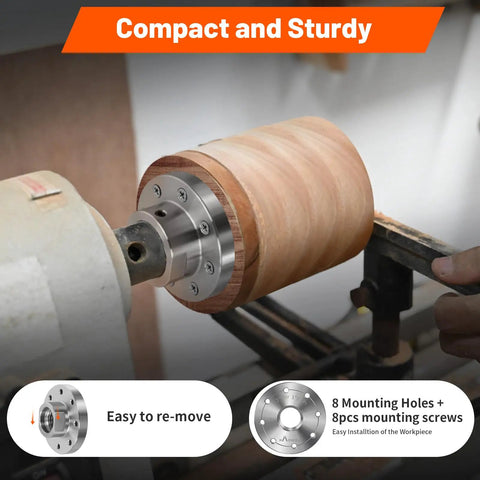 Heavy Duty 3 Inch Steel Wood Lathe Faceplate With 1 Inch By 8 Tpi Thread installed on a lathe, holding wood, eight mounting holes visible