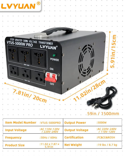 5000 Watt Voltage Transformer Beefy Heavy Duty Step Up Step Down Converter For Home And Workshop Converts 110 120 Volt To 220 240 Volt And Back With Hard Wired Connection For Safer Power Transfer, display with dimensions