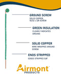 Pack Of Ten 12 AWG Solid Copper Ground Wires With Green Ground Screws For Electrical Boxes, 6.5 Inch Edge Stripped