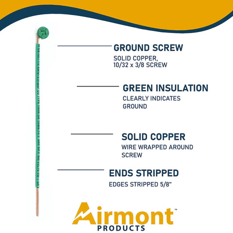 Pack Of Ten 12 AWG Solid Copper Ground Wires With Green Ground Screws For Electrical Boxes, 6.5 Inch Edge Stripped