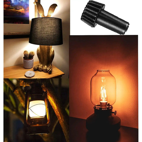 Six Pack E26 Lamp Turn Knob On Off Replacement Set in Three Sizes 20mm 35mm 50mm shown with various home lighting fixtures