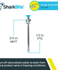 10 Inch Frost Free Sillcock With Push To Connect Inlet And 3/4 Inch Garden Hose Outlet, Built In Drain Shutoff To Stop Freezing