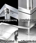 Built Tough As Nails Stainless Steel Powder Coating Workbench With Deep Dipping Tank For Commercial Garages And Auto Shops showing triangular bracing, rounded corners, and adjustable feet.