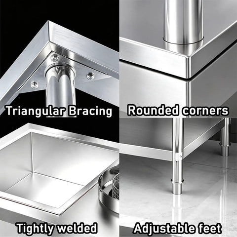 Built Tough As Nails Stainless Steel Powder Coating Workbench With Deep Dipping Tank For Commercial Garages And Auto Shops showing triangular bracing, rounded corners, and adjustable feet.