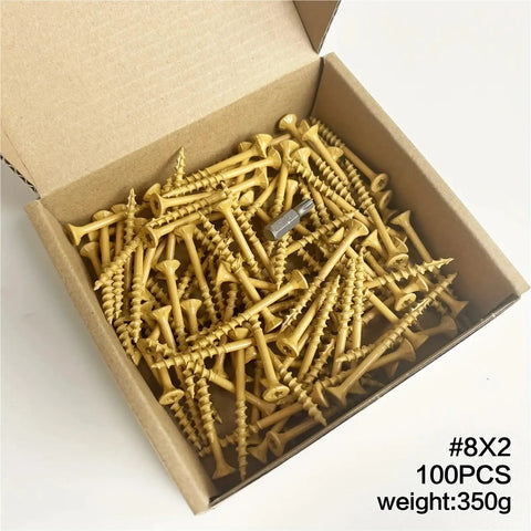 100 Piece Carbon Steel Flat Head Wood Screws Set In Sizes 8 9 10 M2x4 Self Tapping For Quick Rock Solid Wood Joints Your Go To Diy Fasteners For Cabinets Furniture And Everyday Woodworking Projects. Box of #8 x 2 carbon steel flat head wood screws, 100 pcs