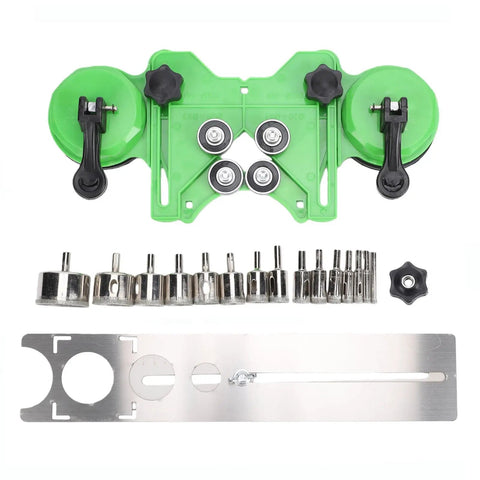 Hilitand Versatile 16 Piece Hole Saw Kit For Drilling Wet Or Dry Holes In Ceramic Tile Glass Marble Granite With Double Suction Cup Guide For Precise Work, 16 bits and guide