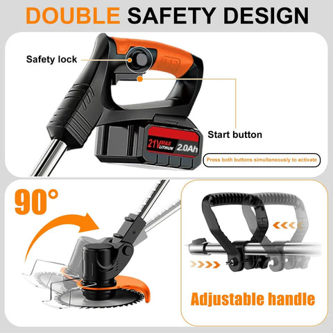 Close-up of 21V Cordless Weed Wacker with safety lock and adjustable handle, showing battery and start button details.