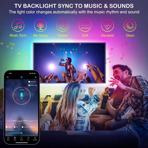 Epic 100Ft RGB LED Strip Lights With App Control Remote And Music Sync for TV backlighting at a party