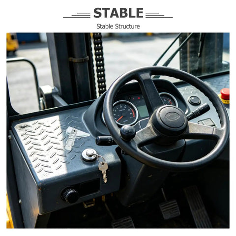 Solid 3 Piece Fork Positioner Limit Pins With Large Base And Reinforced Structure For 3 Ton Forklift view of the control panel and steering wheel.