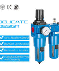 Pro Grade Air Filter Regulator Lubricator Combo With Water Oil Trap Separator 1 Inch NPT 0-150 Psi Gauge in blue design