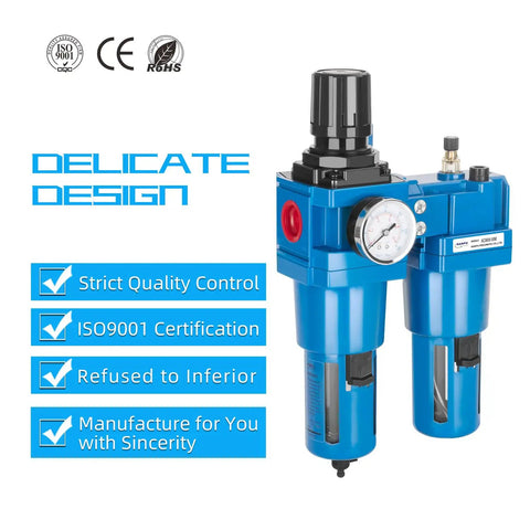 Pro Grade Air Filter Regulator Lubricator Combo With Water Oil Trap Separator 1 Inch NPT 0-150 Psi Gauge in blue design