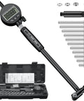 Digital Dial Indicator Bore Gauge 2 to 6 Inch With 0.0005 Inch Precision Engine Cylinder Measurement Carbide Anvils Black Finish for Accurate Cylinder Work shown with attachments and case.