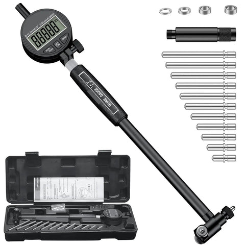 Digital Dial Indicator Bore Gauge 2 to 6 Inch With 0.0005 Inch Precision Engine Cylinder Measurement Carbide Anvils Black Finish for Accurate Cylinder Work shown with attachments and case.
