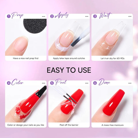 Step-by-step guide using Liquid Latex Nail Barrier Peel Off For Clean Edges And Quick Dry Cuticle Guard for nail art.
