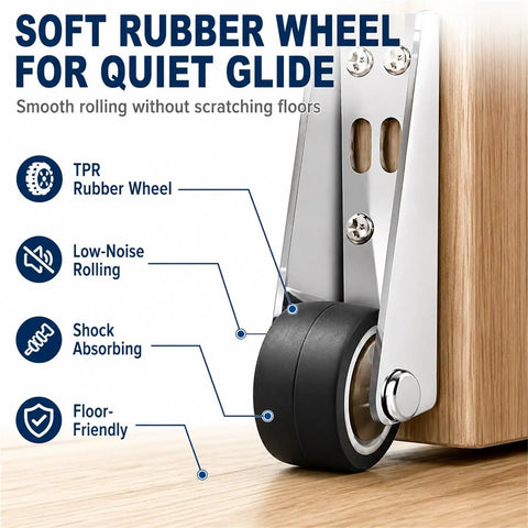 Close-up of Heavy Duty Vertical Track Roller Wheels For Sliding Barn Doors, Rock Solid Anti Sag Bottom Caster with soft rubber wheel.