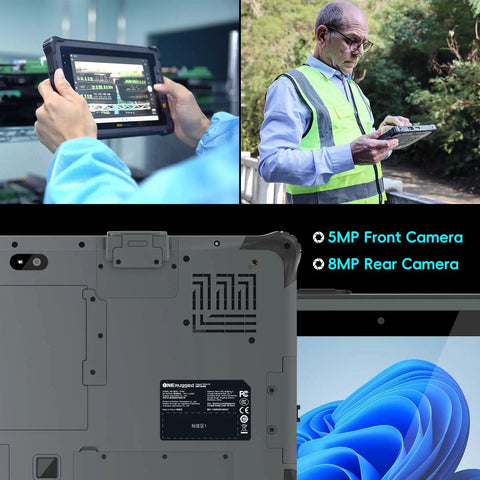 Rugged 12.2 Inch Windows 11 Pro Tablet Intel Core I5 16GB Ram 128GB IP65 Waterproof MIL STD 810H Drop Proof Dual Battery 4G LTE showing rear design, camera specs, and usability.