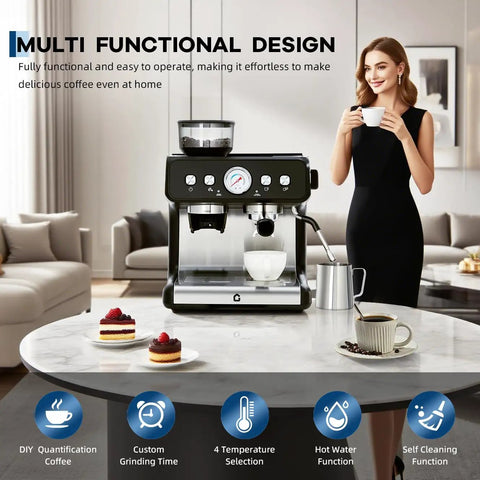 Top Shelf Stainless Steel Espresso Maker Featuring Built In Grinder And 20 Bar Pressure With Custom Shot Dial Plus Quick Steam Wand on kitchen countertop.