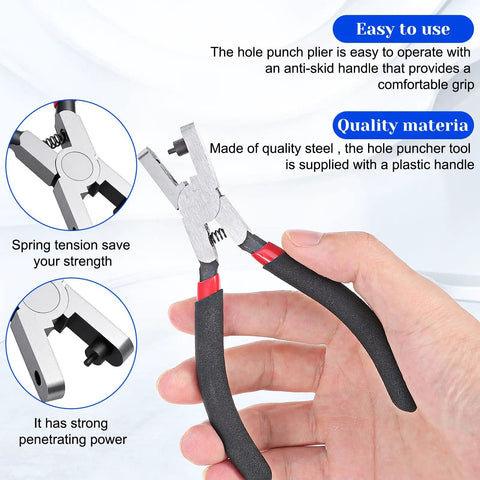 Close-up of 2mm Round Leather Hole Punch Heavy Duty Handheld Metal Punch Tool held in hand, showing carbon steel construction and soft plastic grip.