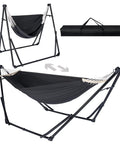 Two In One Hammock And Swing Chair For Teens With Adjustable Folding Stand And Collapsible Steel Frame, black fabric, carry case