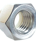 Forty Piece 3/8-16 Zinc Plated Nylon Insert Hex Lock Nuts Set for 3/8 Inch Threads, close-up view showing nylon retention