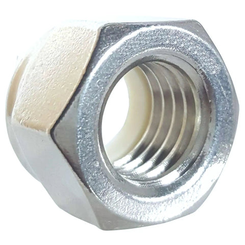 Forty Piece 3/8-16 Zinc Plated Nylon Insert Hex Lock Nuts Set for 3/8 Inch Threads, close-up view showing nylon retention