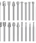 Twenty-piece set of HSS wood carving router bits with 1/8 in shanks in assorted shapes.