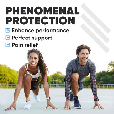 Two athletes preparing to run, highlighting Plantar Fasciitis Socks For Neuropathy Open Toe Compression Foot Sleeve For Arch And Heel Pain Relief.