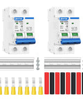 Front view of DC 500V DZ47 32A Miniature Circuit Breaker MCB 2 Pack with accessories for PV solar power systems.