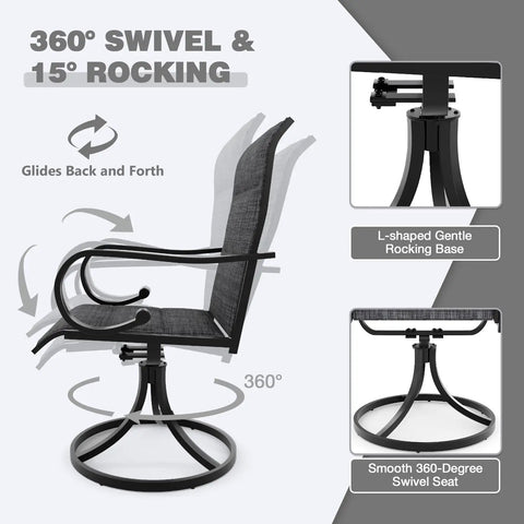 360° swivel and 15° rocking feature of 7 Piece Outdoor Dining Set With 6 Swivel Rocker Chairs High Back Textilene And Rectangular Metal Table.