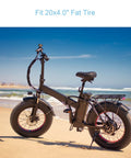 Electric bike with 20x4 fat tires on beach, showing compatibility with Two Pack 20x4 Fat Tire Inner Tubes With Schrader Valve For 20 Inch.