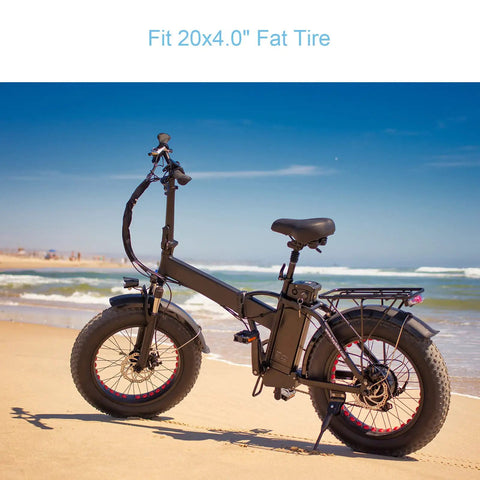Electric bike with 20x4 fat tires on beach, showing compatibility with Two Pack 20x4 Fat Tire Inner Tubes With Schrader Valve For 20 Inch.