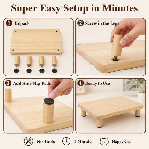 Elevated Cat Food Stand with simple assembly steps and a sturdy wooden base, designed for ergonomic neck and spine care.