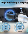 Type 2 To Type 1 EV Charging Adapter With No Sweat Anti Drop Plug Handles; J1772 charger showing 32A current and 250V voltage.
