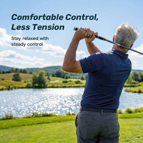 Golfer using Spiral Wrap Golf Grips 13 Pack A50 Wrap Series Midsize High-Tack Rubber Grips on a sunny golf course