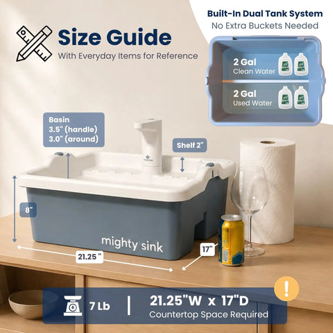 Real Deal Portable Sink With Genuine Running Water For Camping Van Life Outdoor Vendor Booths And Home Remodels Zero Hassle Setup Instant Sink Action Smooth On The Fly Hygiene Station size guide on a countertop with dimensions shown and tank system labeled.