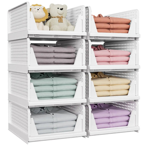 5 Pack Stackable Closet Storage Baskets, Foldable Organizer Bins For Bathroom Kitchen Laundry Room Wardrobe, loaded with folded clothes.