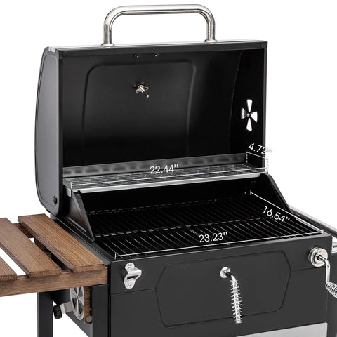 24 Inch Charcoal Grill With Folding Table And Handle Grilling Ready Backyard BBQ Smoker 490 Sq In Total Cooking Space Includes 384 Sq In Porcelain Enameled Grates And 106 Sq In Stainless Warming Rack Height Adjustable Charcoal Pan with open lid showing cooking grates