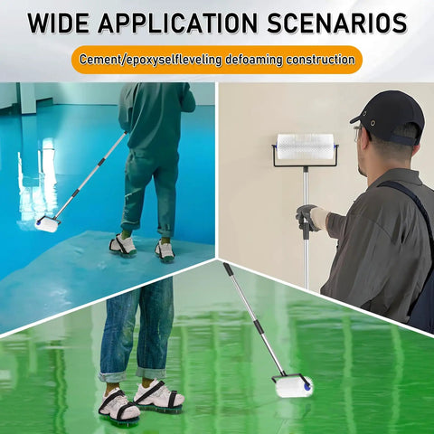 Spike Roller For Self Leveling Cement Kit Featuring A 9 Inch Screed Spiked Roller With A 77 Inch Extension Pole in use