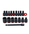 8 Piece 3/8 Inch Drive SAE Impact Socket Set With Heavy Duty Heat Treated Steel Includes 1/4, 5/16, 3/8, 7/16, 1/2, 9/16, 5/8 Inch Sockets And 1/4-3/8 Inch Hex To Square Adapters For High Torque Impact Tools displayed on a red socket organizer.