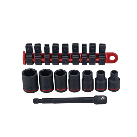 8 Piece 3/8 Inch Drive SAE Impact Socket Set With Heavy Duty Heat Treated Steel Includes 1/4, 5/16, 3/8, 7/16, 1/2, 9/16, 5/8 Inch Sockets And 1/4-3/8 Inch Hex To Square Adapters For High Torque Impact Tools displayed on a red socket organizer.