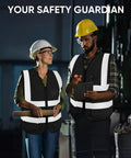 Top Shelf High Visibility Reflective Safety Vest, Class II Ansi Certified Mesh Design With Snag Free Pockets, Breathable Durable Fit For The Daily Grind Or Evening Patrol, Black Size Two X Large worn by two professionals discussing work.
