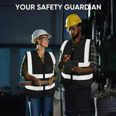 Top Shelf High Visibility Reflective Safety Vest, Class II Ansi Certified Mesh Design With Snag Free Pockets, Breathable Durable Fit For The Daily Grind Or Evening Patrol, Black Size Two X Large worn by two professionals discussing work.