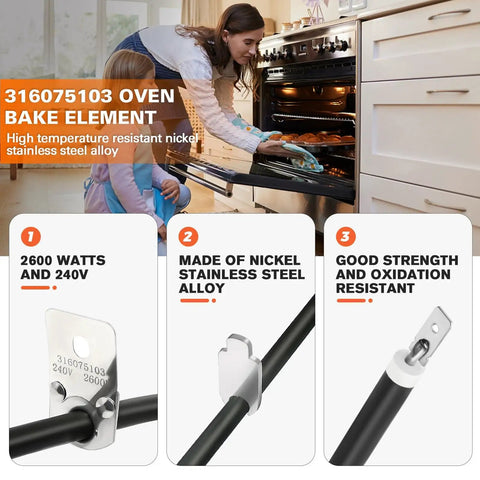 Bottom Oven Bake Element Replacement For Electric Ranges And Stoves 1950 To 2600W 240V 316075103 Fits 790 Models