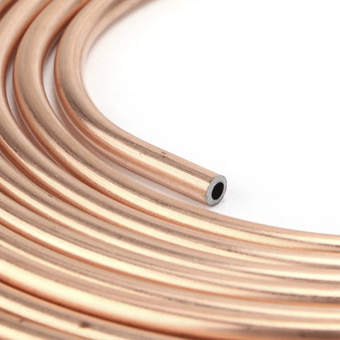 Close-up of Twenty Five Foot Copper Plated Brake Line Tubing Three Sixteenth Inch Coil With Easy Bend Flare For Hydraulic