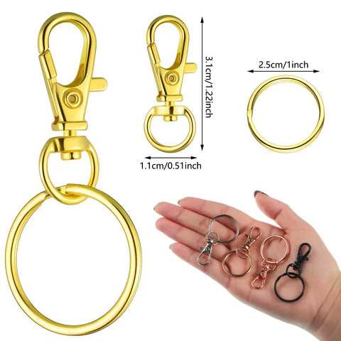 Heavy Duty 100 Piece Swivel Clasp Kit With Snap Hooks And Keychain Rings For Jewelry Making, showing gold swivel hook and rings.