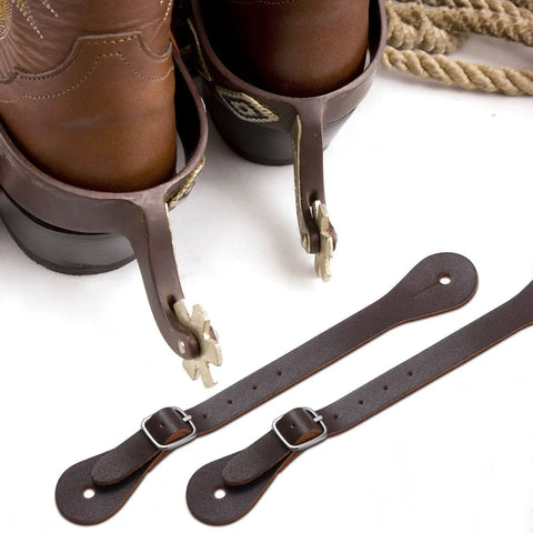 2 Piece Leather Spur Straps For Boots, Adjustable Western spur straps shown with boots, rustic brown leather gear