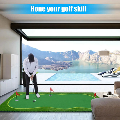 Person practicing on Real Feel Golf Putting Green Mat For Indoor Outdoor Practice with a True Roll Surface by a pool.