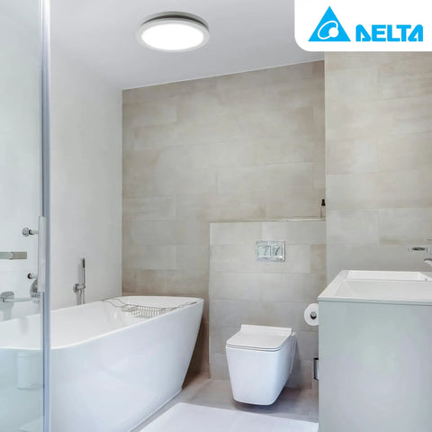 Bathroom with Delta Integrity 100 CFM Exhaust Bath Fan With LED Edge-Lit Panel Light, installed on ceiling.