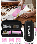 EZUVITA 4V Cordless Electric Scissors With Built-In LED Light And Rechargeable Battery For Cutting Fabric, Carpet, Leather, And Cardboard Easily, Portable Design For Diy And Home Use Projects cutting leather on a workbench with tools nearby.
