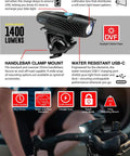 1400 Lumen USB C Rechargeable Bike Light With Boost Mode mounted on bike handlebar, showing features and specifications.